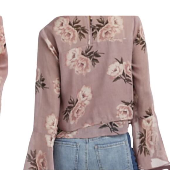 Cropped Pop-Over Boho Floral Festival Blouse with Bell Sleeves Women's Medium - Picture 3 of 7